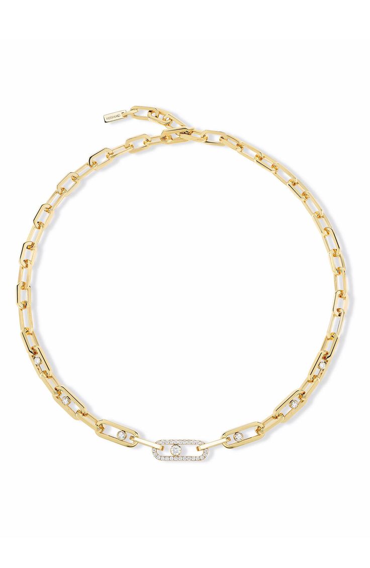 A pavé diamond cage houses a signature moving diamond in this handcrafted link necklace of gorgeous 18-karat gold. Total diamond weight: 0.88ct. Color: G Color: VS 18k gold/diamond Made in France >Diamond Guide Luxury Cubic Zirconia Diamond Necklace With Cable Chain, Yellow Gold Diamond Accent Chain Link Necklace, Yellow Gold Diamond Accented Chain Link Necklace, Single Cut Diamond Link Necklace, Yellow Gold Link Diamond Necklace With Accents, Yellow Gold Link Diamond Necklace With Diamond Accents, Formal Diamond Necklace With Chain Link Design, Formal Diamond Necklace With Chain Link, Formal Diamond Necklace With Diamond Accents