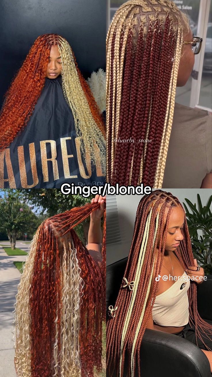 Braids For The Fall Black Women, Cute Colored Braids For Black Women, Colored Braids With Curls, Hair Color Braids Ideas, Braided Ginger Hairstyles, Two Tone Goddess Braids, Fall Hair Colors For Black Women Braids, Blonde Hair Color Ideas Braids, Knotless Braids Fall Colors