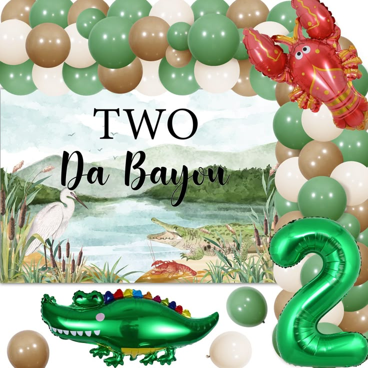 an image of two balloons in the shape of alligators and a crocodile with a fish on it