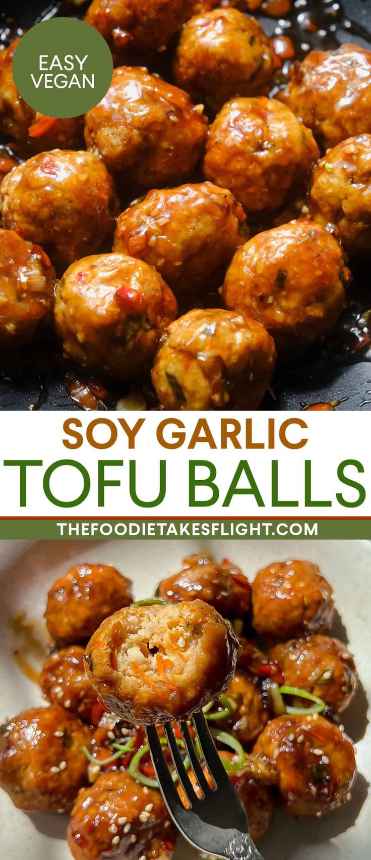 some food that is in a pan and on a plate with the words soy garlic tofu balls