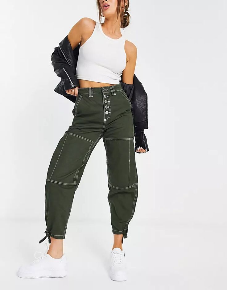 River Island utility cargo pants in khaki | ASOS High Waist Utility Cargo Jeans With Button Closure, Spring Military Pants With Cargo Pockets, Spring Utility Cargo Pants, Trendy Spring Bottoms With Flap Pockets, Spring Military Cargo Parachute Pants, Urban Streetwear Bottoms With Button Closure, Green High-waisted Utility Cargo Pants, Baggy Military Bottoms For Spring, Spring Green Cargo Jeans For Workwear