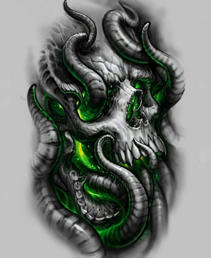 a green and white tattoo design on the back of a man's head with tentacles