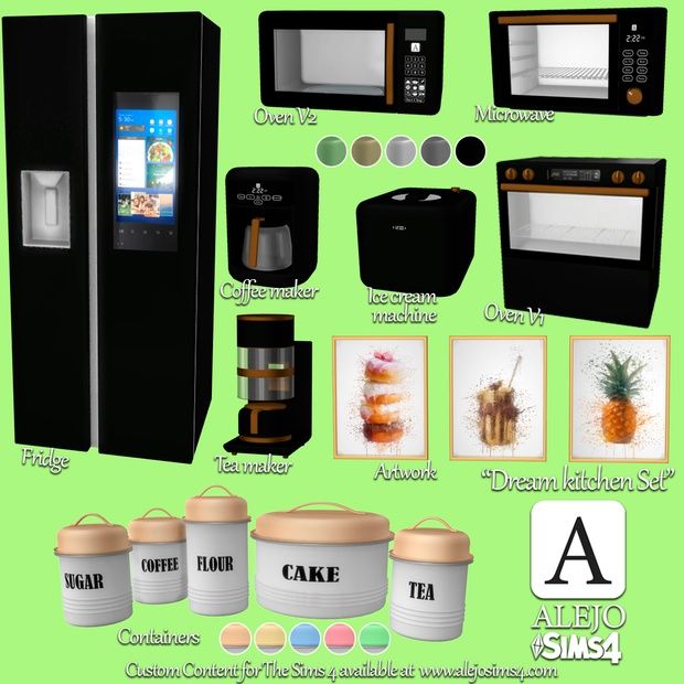 an assortment of kitchen appliances including coffee maker, refrigerator and ice buckets with labels on them