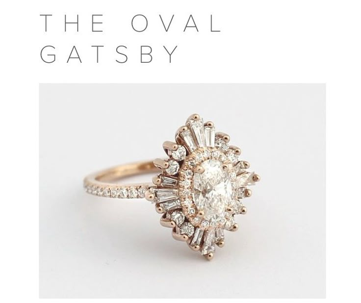 the oval gatsby engagement ring is shown in gold with diamonds on each side