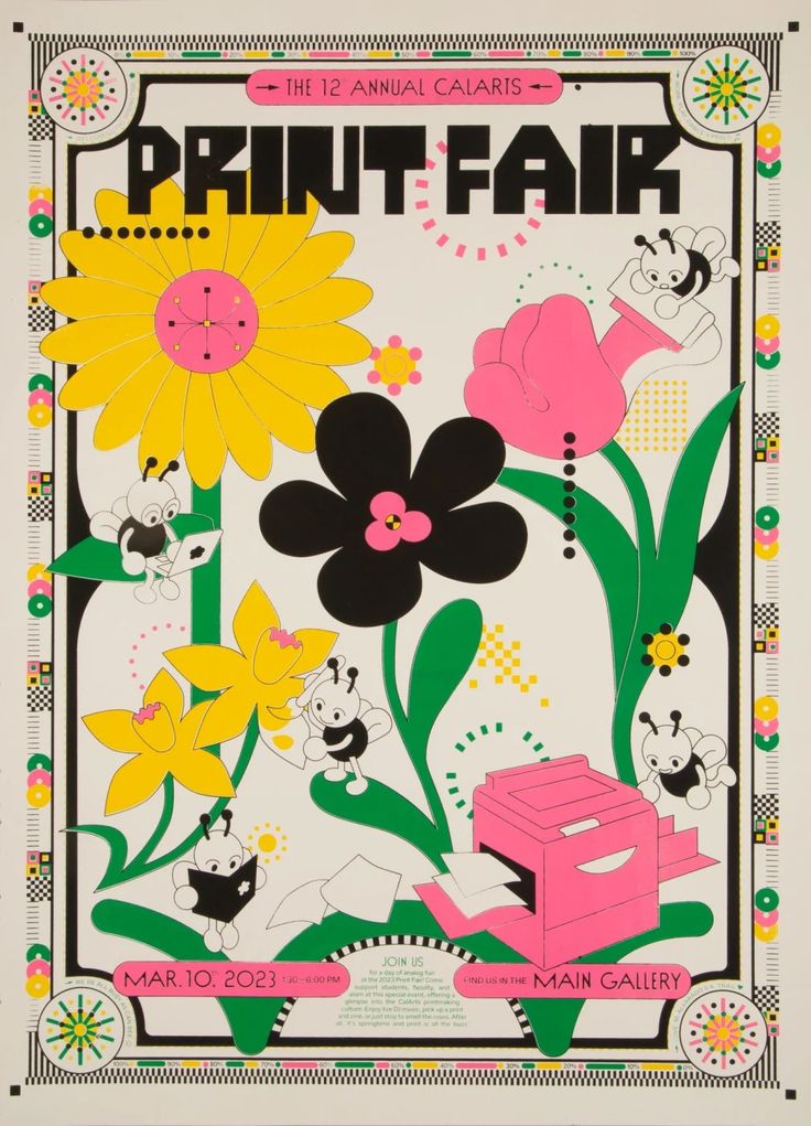 a poster with flowers and animals on it's back cover, says print fair