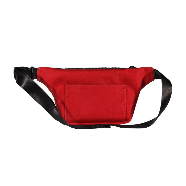 a red fanny bag with black straps on the bottom and an empty pocket in front