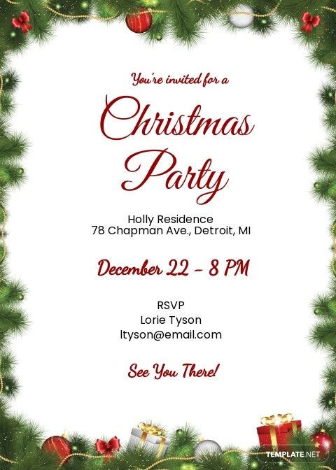 a christmas party flyer with presents on it