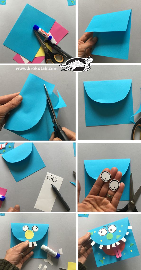 step by step instructions on how to make an envelope with construction paper and cut out monsters