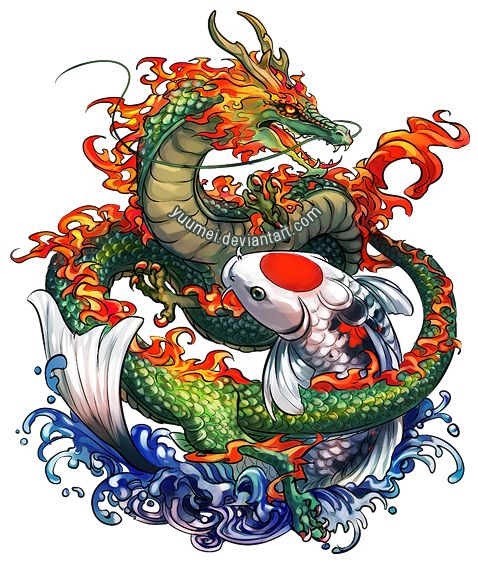 a dragon and koi fish are depicted in this tattoo art design on white paper