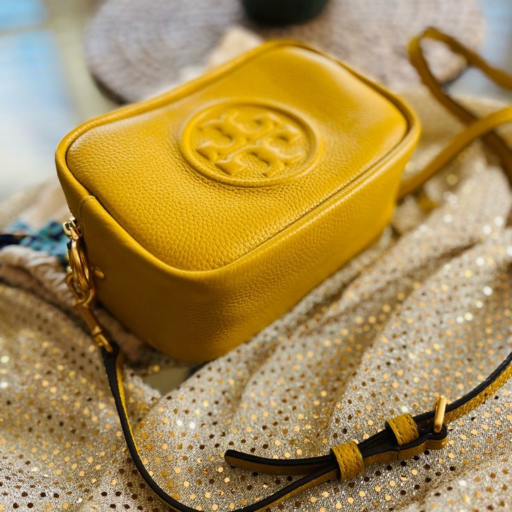 Perfect Crossbody With Gold Hardware, Two Zippered Openings, An Inside And Back Pocketincludes Dust Bag Luxury Yellow Crossbody Shoulder Bag, Luxury Yellow Crossbody Bag, Yellow Shoulder Bag With Gold-tone Hardware For Travel, Yellow Gold Rectangular Travel Bag, Designer Yellow Bag With Adjustable Strap, Sunset Color, Golden Sunset, Sunset Colors, Tory Burch Bags