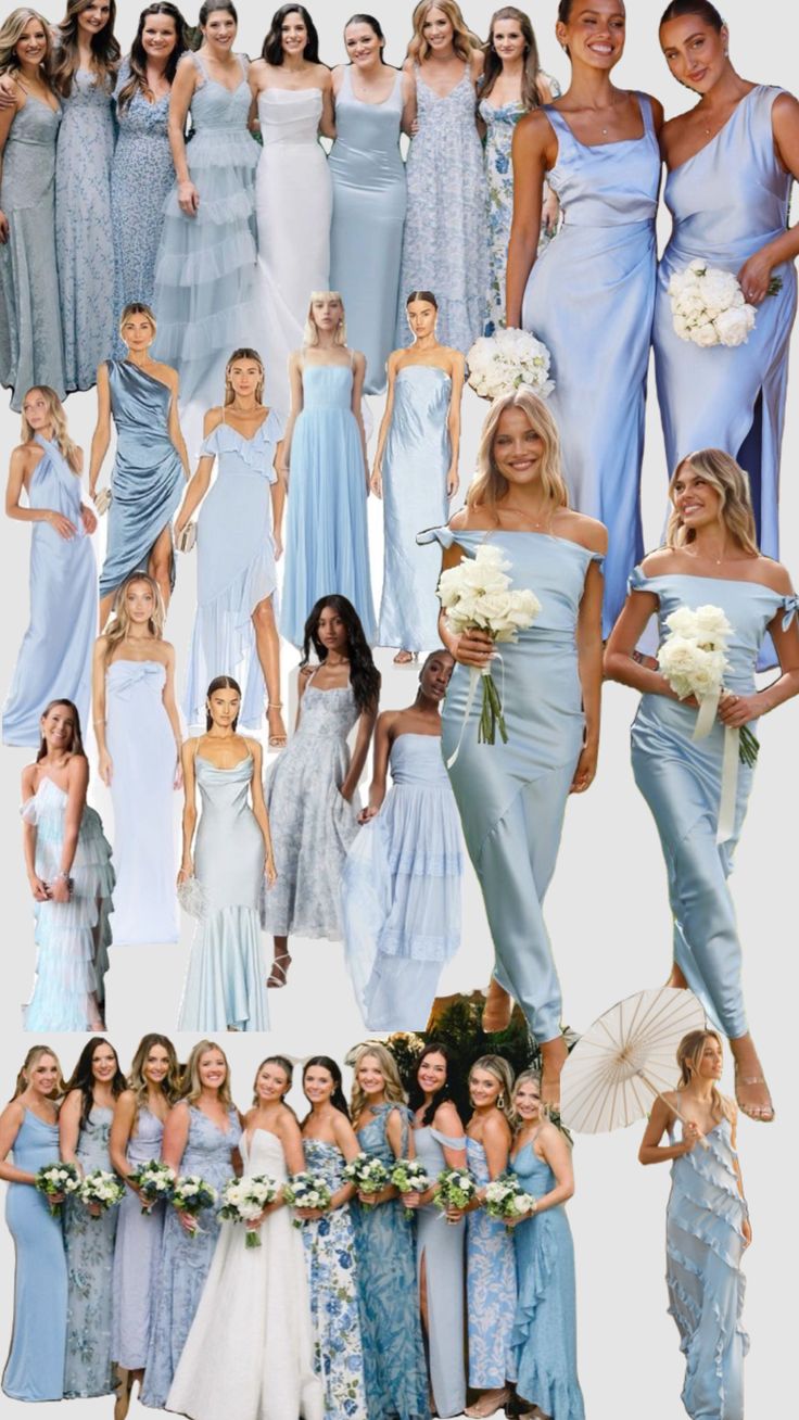 a collage of different bridesmaid dresses and bouquets in blue, white and grey