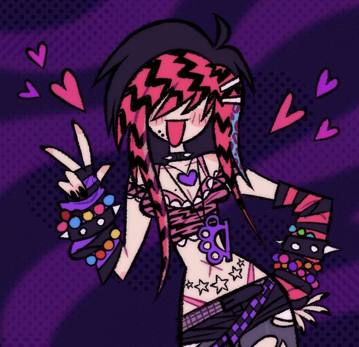 a drawing of a girl with pink hair and piercings on her chest, holding two fingers