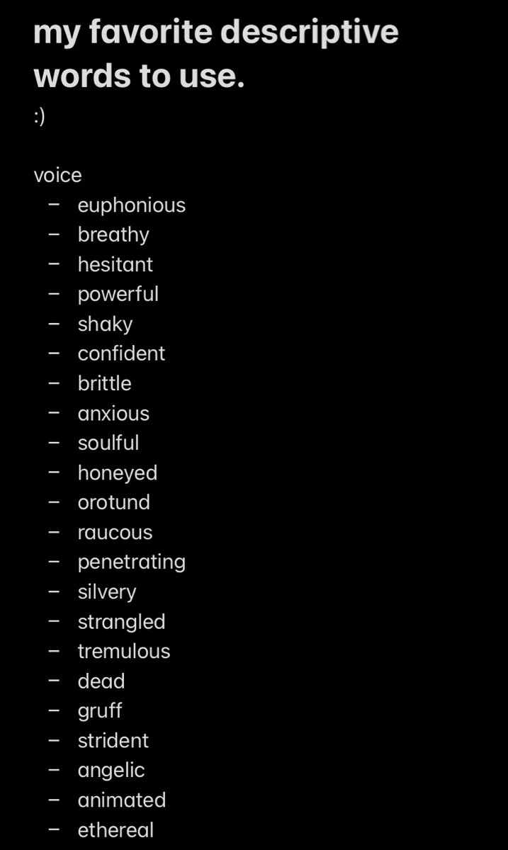 a black background with words that say, my favorite descriptive words to use