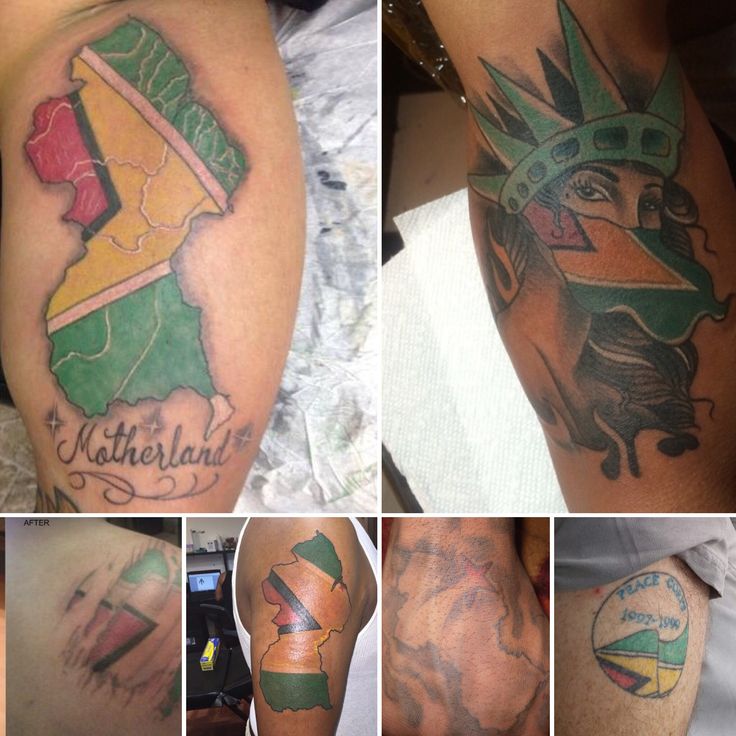 several pictures of different tattoos on the legs and arms, including one with a statue of liberty