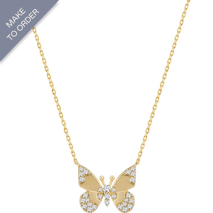 Butterfly Diamond Necklace 18K gold Yellow Gold Cubic Zirconia Diamond Necklace Gift, Yellow Gold Necklace With Pave Setting As Gift, Gold 14k Diamond Necklace, Dazzling Gold Chain Necklace With Diamond Accents, Gold Sterling Silver Diamond Necklace With Diamond Cut, Gold Diamond Necklace With Sterling Silver, Gold Diamond Cut Necklace In Sterling Silver, Gold Plated Chain Necklace With Diamond Accents For Gift, Anniversary Yellow Gold Necklace With Pave Setting