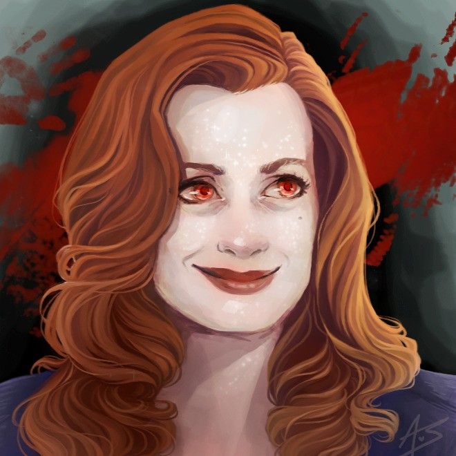 a digital painting of a woman with red eyes and long hair, wearing a blue shirt