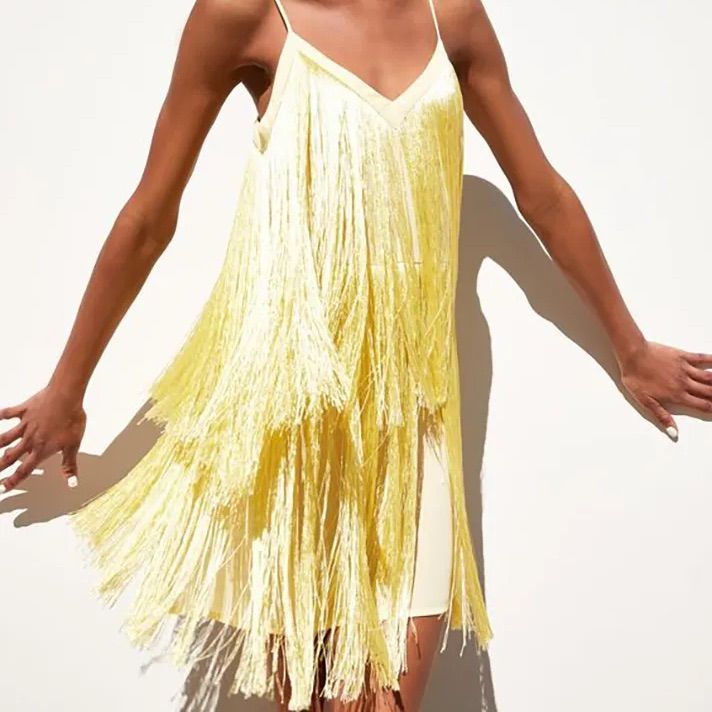 Never Worn, Nwt. Such A Fun Dress And Color. It’s Lined Summer V-neck Mini Dress With Fringe, Summer Cocktail Mini Dress With Fringe, Elegant V-neck Dress With Fringe For Cocktail, Cocktail Dress With Fringe And V-neck, Summer Date Night Dress With Fringe, Spring Evening Sundress Mini Dress, Spring Sundress For Evening Occasions, Glamorous Summer Midi Mini Dress, Summer Fringe Dress For Date Night