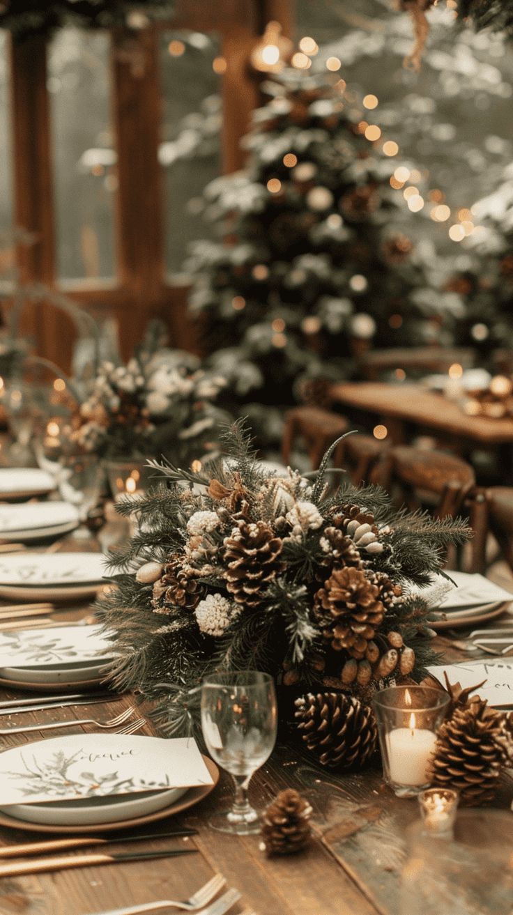 the table is set with pine cones and place settings