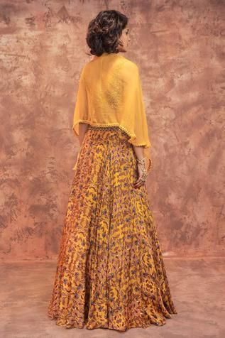 Shop for Ridhima Bhasin Yellow Satin Printed Lehenga And Cape Set for Women Online at Aza Fashions Mustard Lehenga, Ridhima Bhasin, Sheer Cape, Cape Set, Printed Lehenga, Cape Style, Yellow Satin, Embroidered Dupatta, Open Sleeve