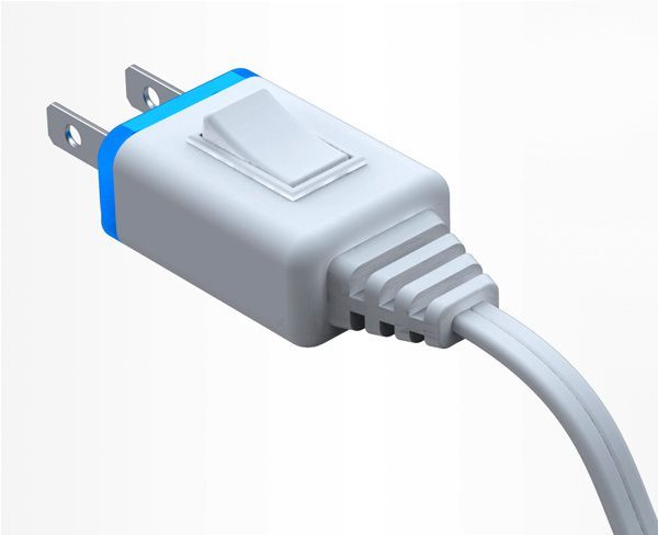 a white and blue power cord connected to an outlet