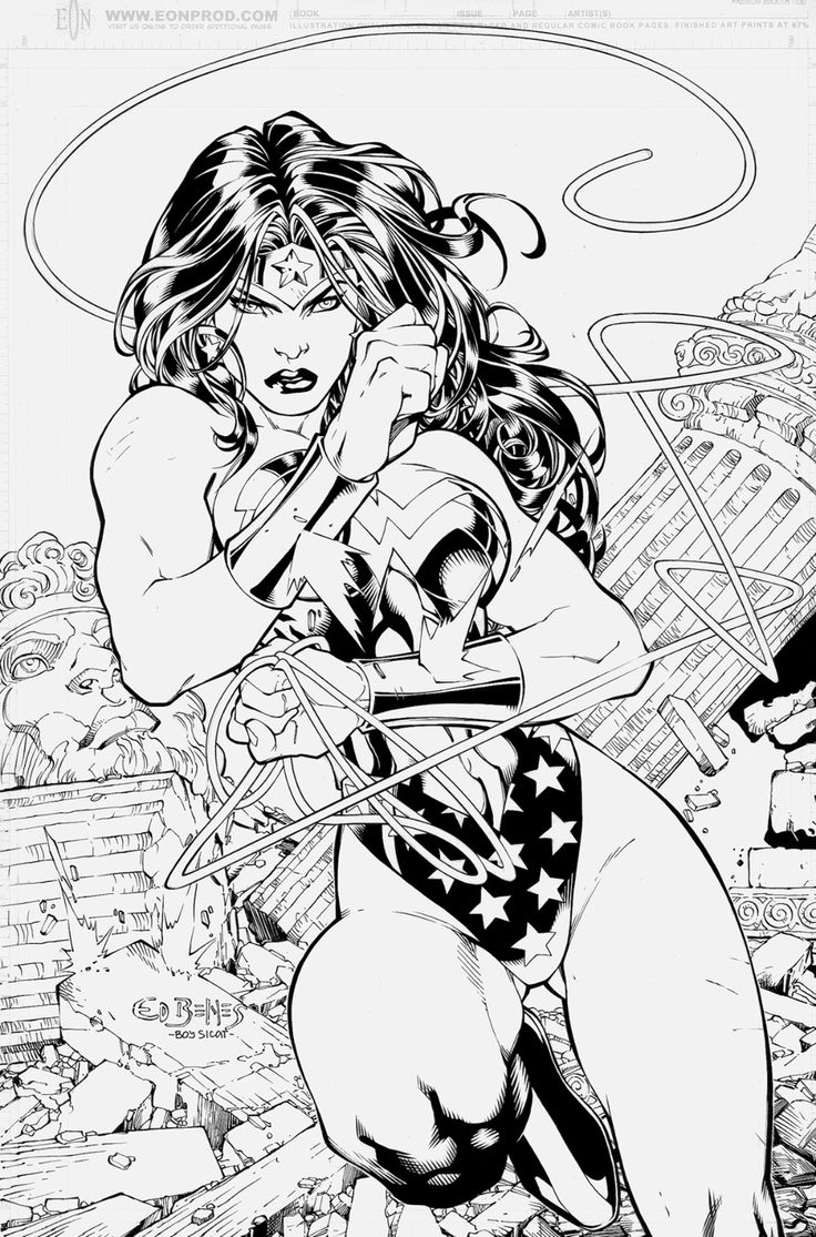 a black and white drawing of wonder woman