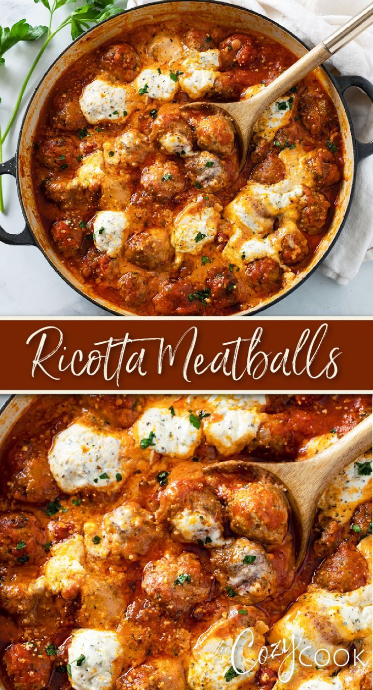 ricotta meatballs in a red sauce and topped with dollops of ricotta. Simple Side Salad, Ricotta Meatballs, Meatball Dinner, Resepi Biskut, Italian Meatballs Recipe, Freezer Food, Meatball Recipes Easy, Ricotta Recipes, Giada De Laurentiis