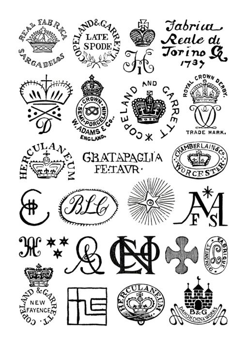 various types of logos and emblems are shown in this black and white photo,