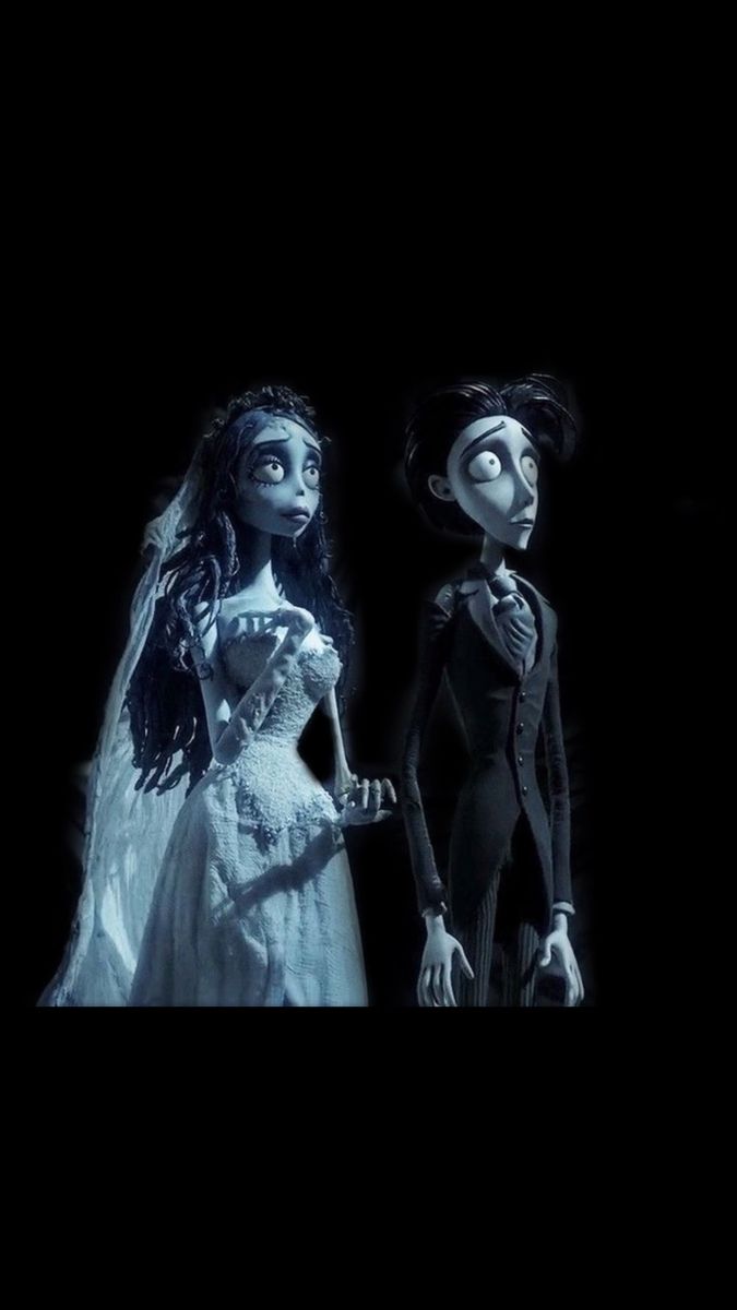 the corpse bride and groom are dressed up in their wedding attire, with black background