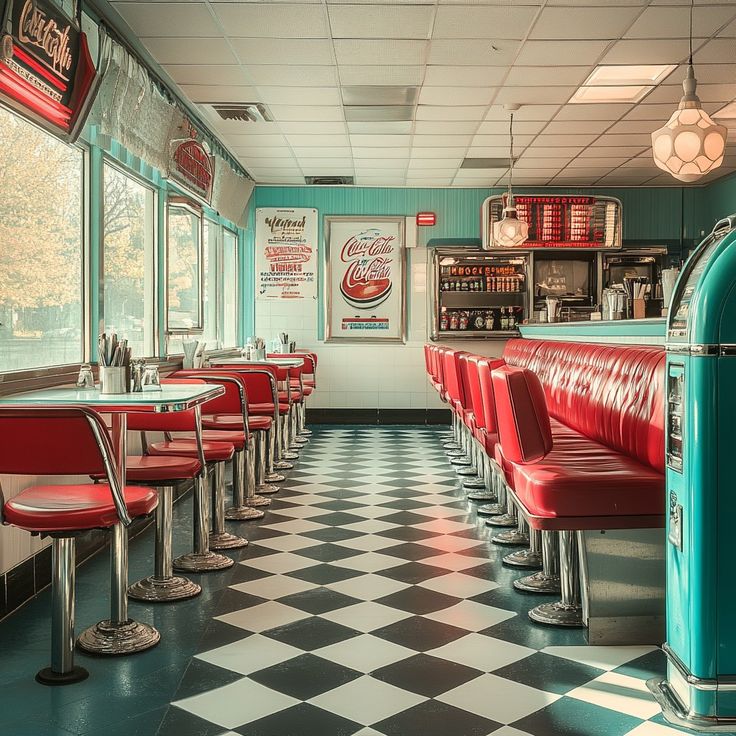 the interior of a diner with checkered flooring