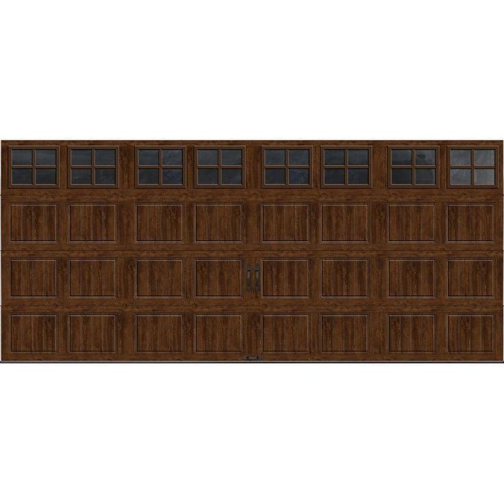 a brown garage door with three windows on the top and bottom panel, in front of a white background