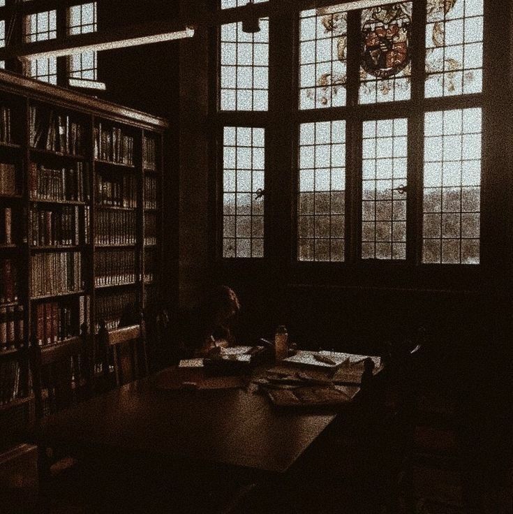 a dark room with lots of books on the shelves and two people sitting at a table in front of them