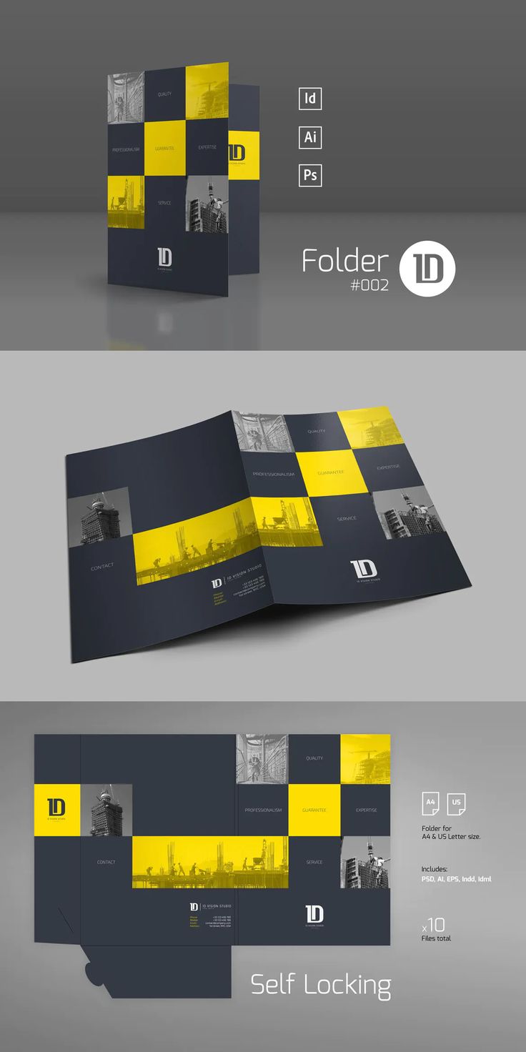 an image of a brochure with yellow and black squares on the front, back and