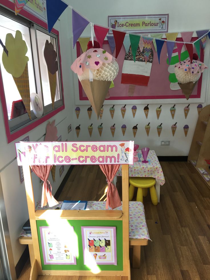 an ice cream shop with pink and green decorations on the walls, wooden benches and tables