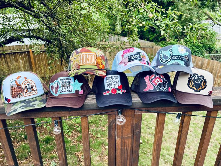 This is a CUSTOMIZABLE listing:  Hats shown in photos are examples. I have hats in nearly every color, and hundreds of patches. DM me with your ideas and we will figure it out!  Foam front trucker hats, adorably decorated with unique embroidered patches!  🎥Video contains all available colors 💫 Hats can be customized* 🚚1-3 day shipping  *Customization will affect price, and all hats are adorned with a star and heart  #trendyhat #truckerhat #patches #customhat #bachelorette #preppy #coachella # Iron On Trucker Hat Diy, Trucker Hat Designs With Patches, Patch Trucker Hat, Trucker Hats With Patches, Trucker Hat Ideas, Trucker Hat Designs, Trendy Trucker Hats, Country Western Wedding, Pink Trucker Hat