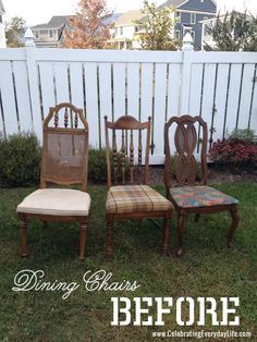 four chairs sitting in the grass near a white fence with words saying dining chairs before and after