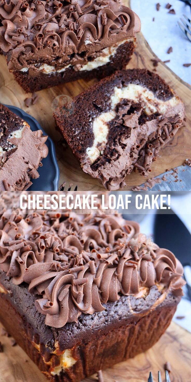 chocolate cheesecake loaf cake on a cutting board