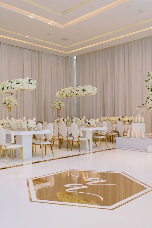 an elegant wedding reception with white and gold decor