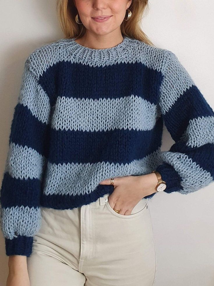 Chunky Knit Striped Sweater - Beginner Friendly Seamless Jumper Knitting Pattern Knit Striped Sweater, Knitting Patterns Free Sweater, Striped Knitted Sweater, Jumper Knitting Pattern, Chunky Knitting Patterns, Jumper Patterns, Knit Wear, Chunky Knitting, Sweater Knitting