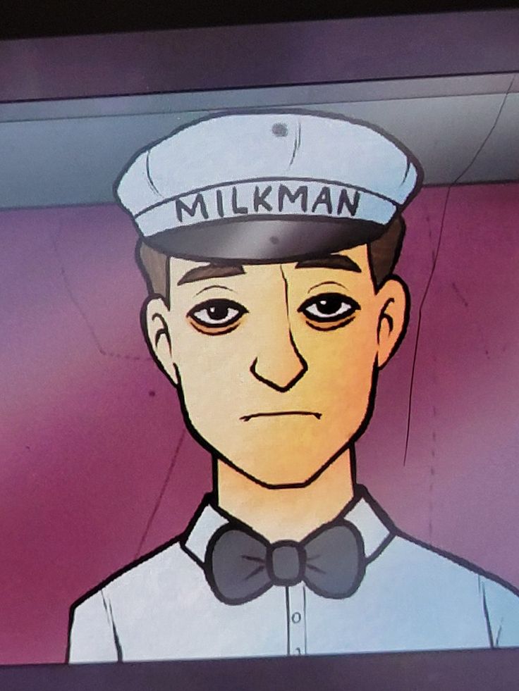 a man wearing a hat and bow tie in front of a screen with the words milkman on it