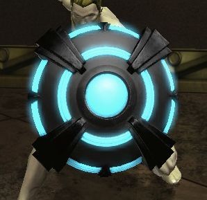 an animated character holding a circular object with blue lights