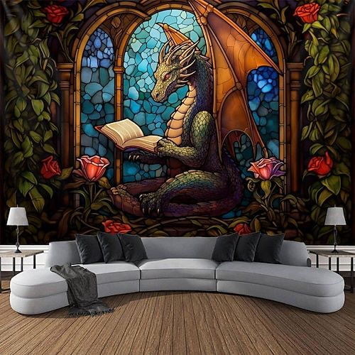 a dragon reading a book in front of a stained glass window with roses around it