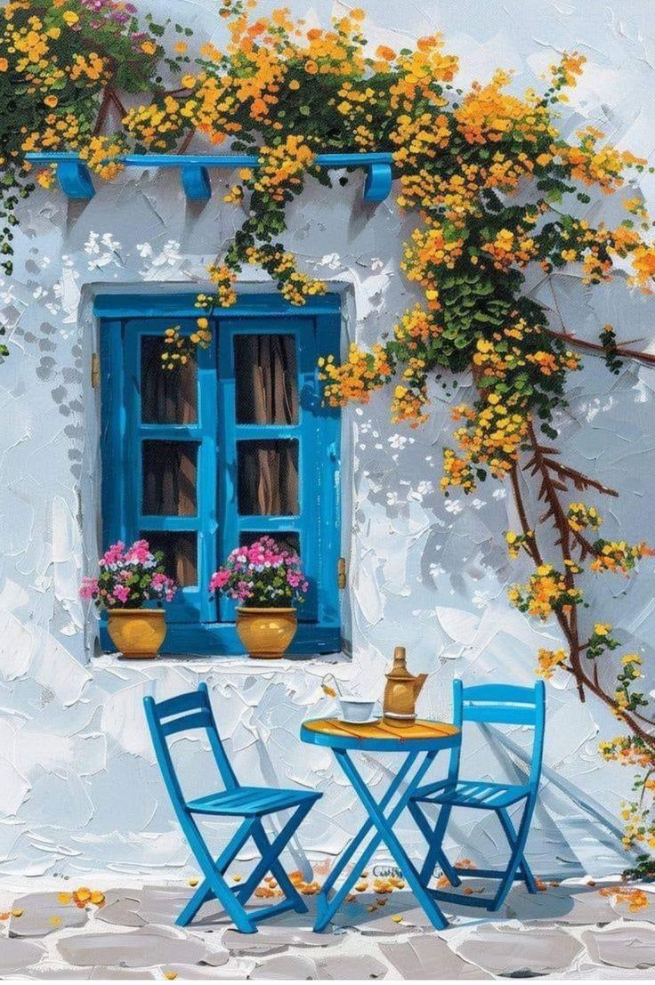 a painting of two blue chairs and a table with yellow flowers on the windowsill