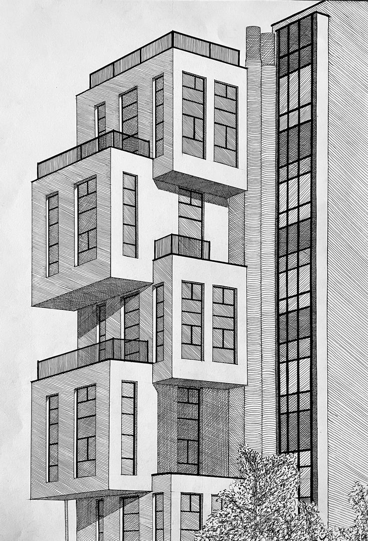 a pencil drawing of a building with multiple windows and balconies on the side