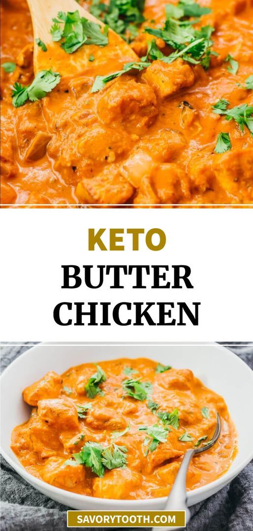 keto butter chicken in a white bowl with parsley on top and the words, keto butter chicken above it