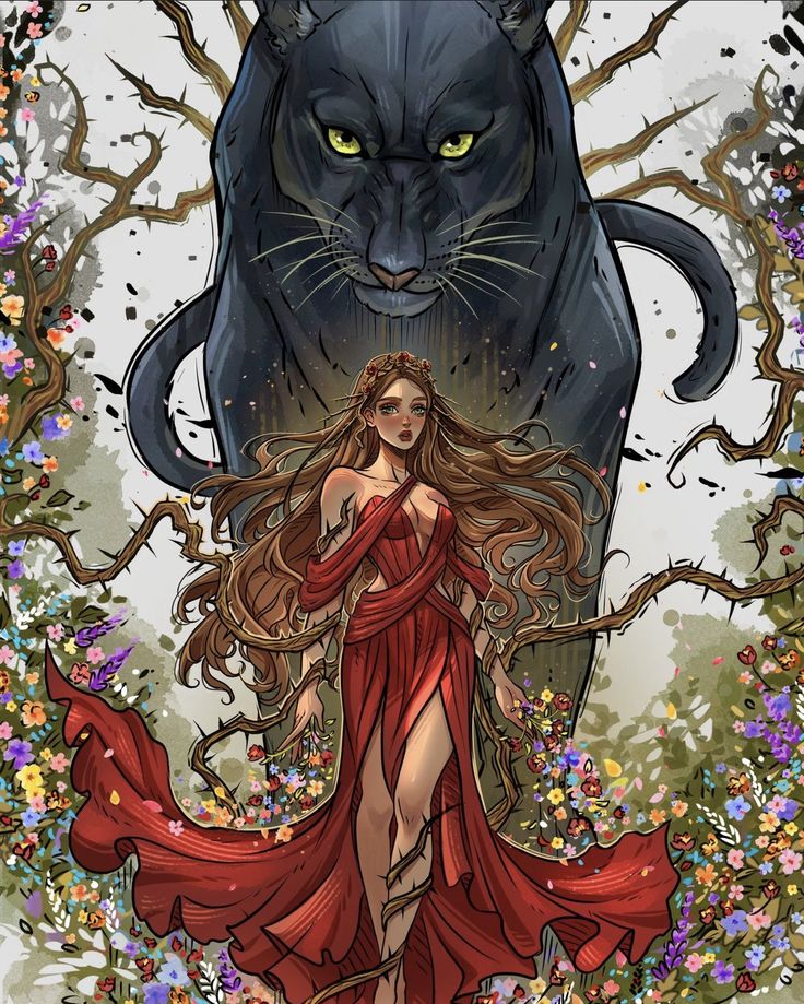 a woman in a red dress standing next to a black cat on top of flowers