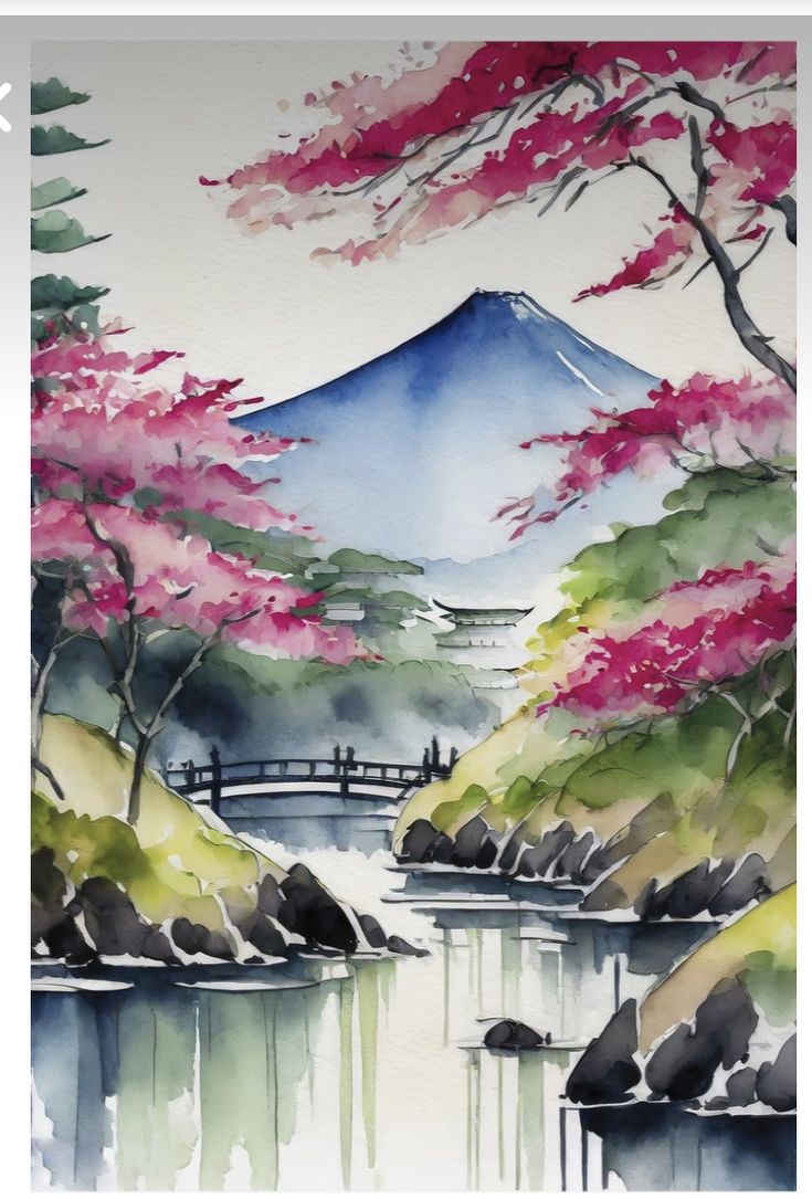 a watercolor painting of a mountain with trees in the foreground and a river running through it