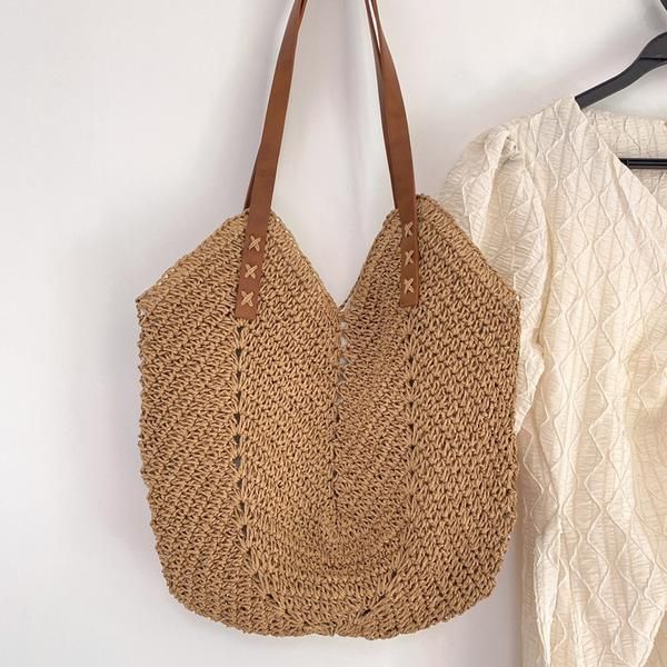 Retro Straw Woven Tote Bag with Leather Straps, Summer Beach Bag, Hand – Elena Handbags Beach Shoulder Bag With Braided Handles For Shopping, Braided Handles Shoulder Beach Bag For Shopping, Woven Bucket Hobo Bag For Shopping, Natural Square Hobo Bag With Large Capacity, Square Brown Straw Bag For Shopping, Brown Hobo Tote Bag For Beach Season, Brown Square Straw Bag For Shopping, Vacation Brown Shoulder Bag With Long Handle, Brown Shoulder Bag With Long Handle For Vacation