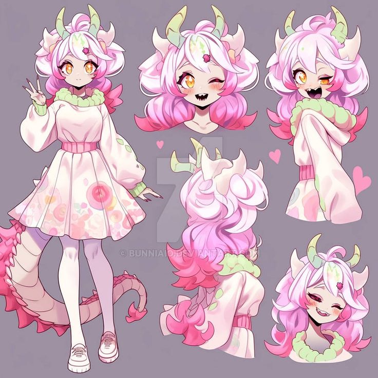 an anime character with pink hair and horns on her head, in various poses for the camera