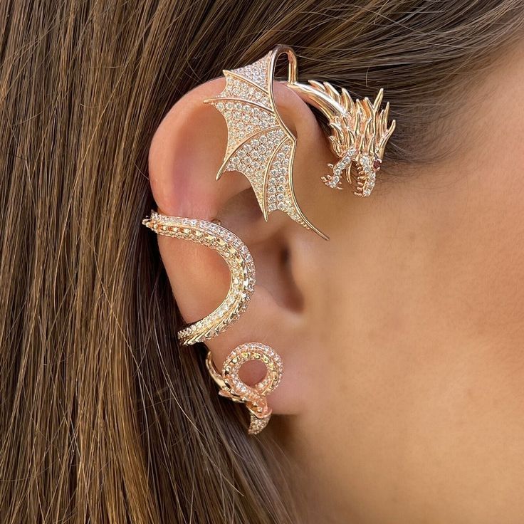 Jewelry Earrings Dragon Ear Jacket Climber Rose Gold Played Sterling Silver 925 Luxury Ear Cuff With Matching Earrings As Gift, Luxury Gift Ear Cuff, Ear Sculpture, Ear Wraps, Dragon Ear Cuffs, Snakebites, Dragon Earrings, Gold Dragon, Magical Jewelry