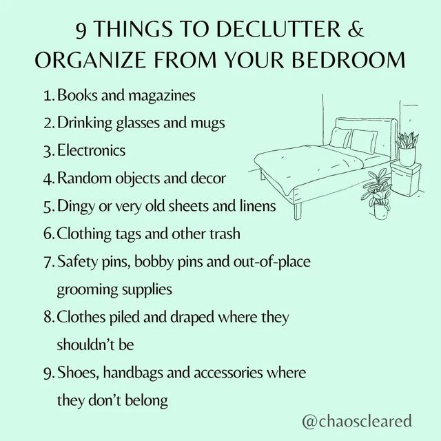 a bed with the text 9 things to declutter and organize from your bedroom